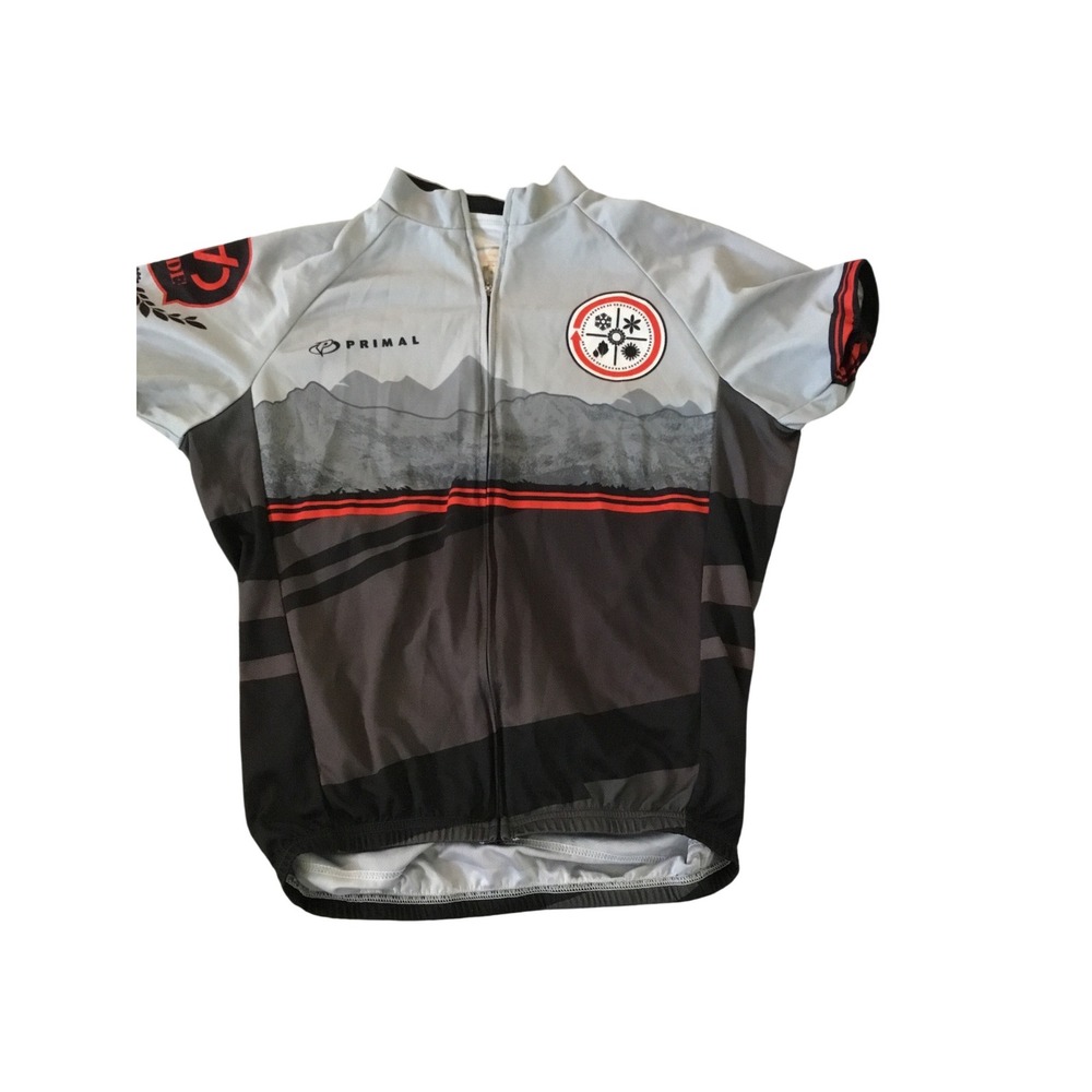 Primal Mens Cycling Jersey Short Sleeve Full Zip Mountain Graphic Gray Black Red